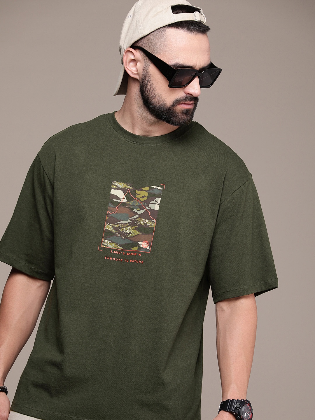 

The Roadster Life Co. Printed Drop-Shoulder Sleeves Pure Cotton T-shirt, Olive