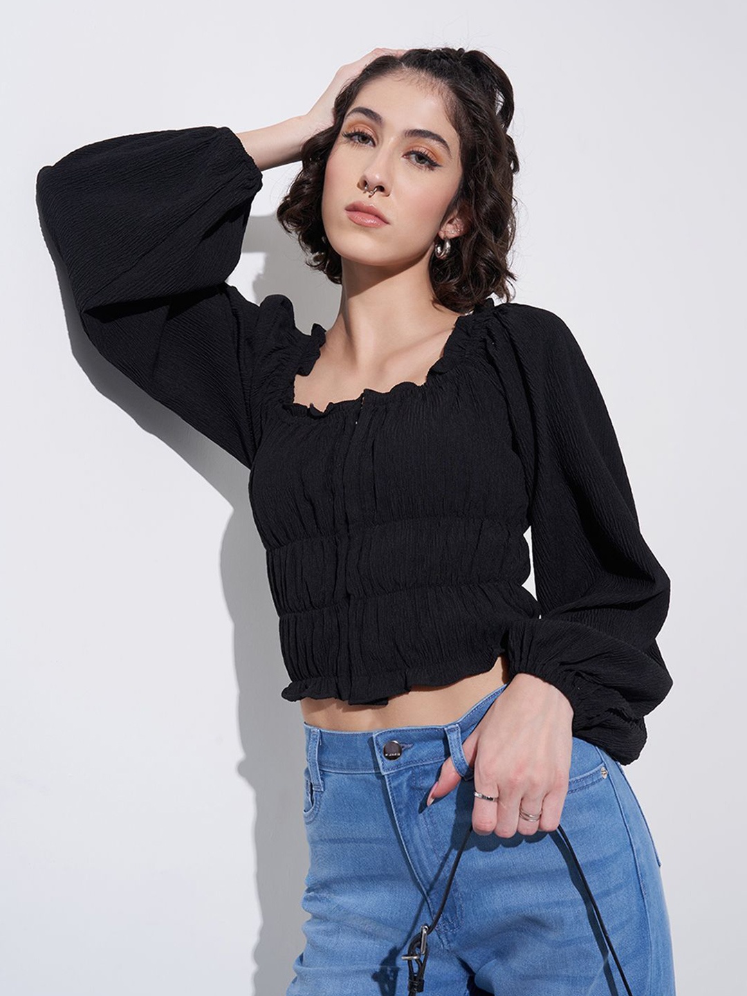 

SF JEANS by Pantaloons Women Solid Puff Sleeve Blouson Crop Top, Black