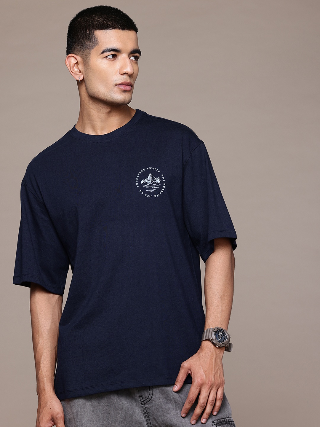 

The Roadster Lifestyle Co. Relaxed Fit Drop-Shoulder Sleeves Pure Cotton T-shirt, Navy blue