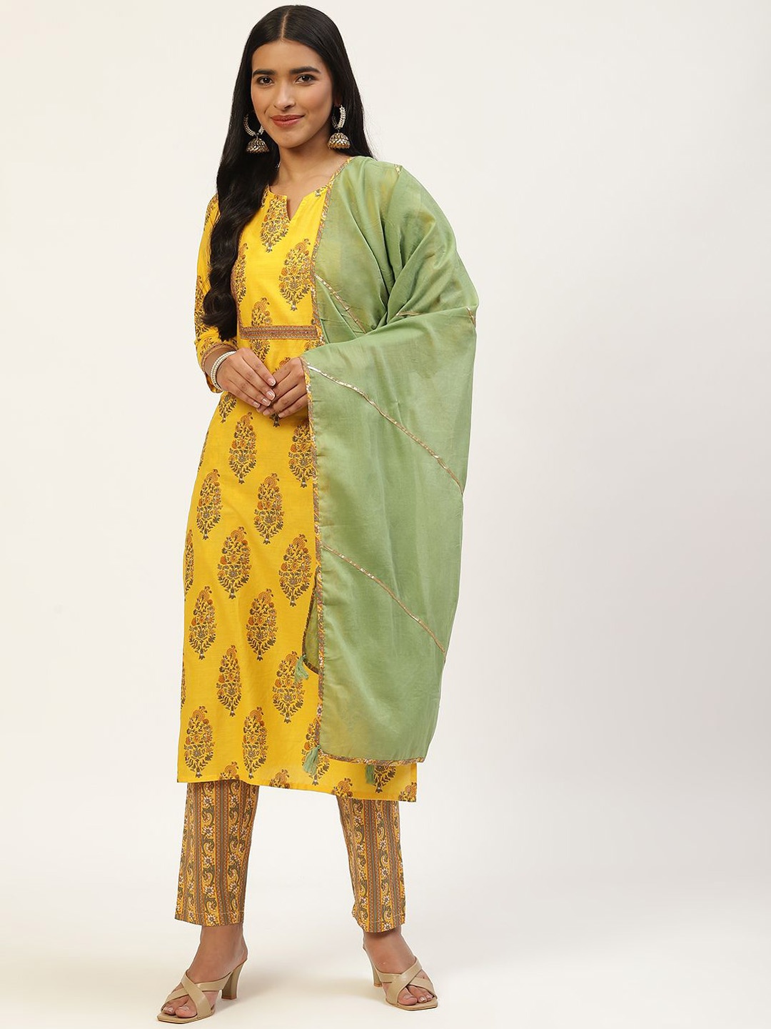

Sangria Yellow Floral Printed Notch Neck Pure Cotton Kurta With Trousers And Dupatta