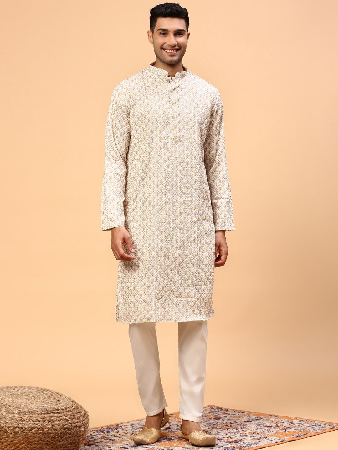 

CS EL Floral Printed Thread Work Mandarin Collar Pure Cotton Straight Kurta, Yellow