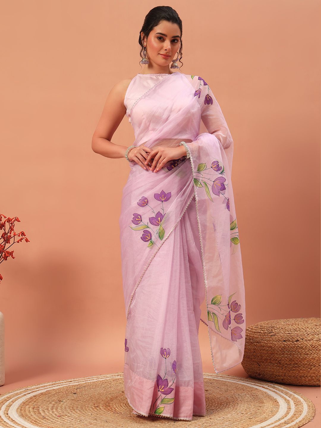 

Meeranshi Women Floral Printed Organza Saree, Lavender