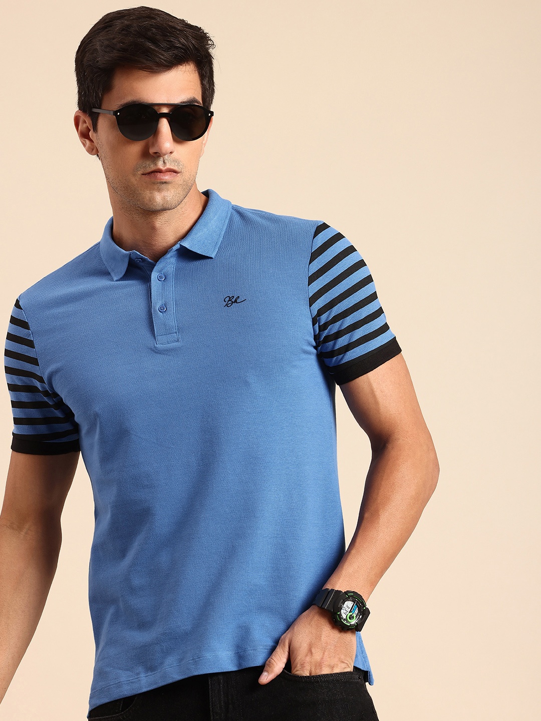 

Being Human Striped Polo Collar Pure Cotton T-shirt, Blue