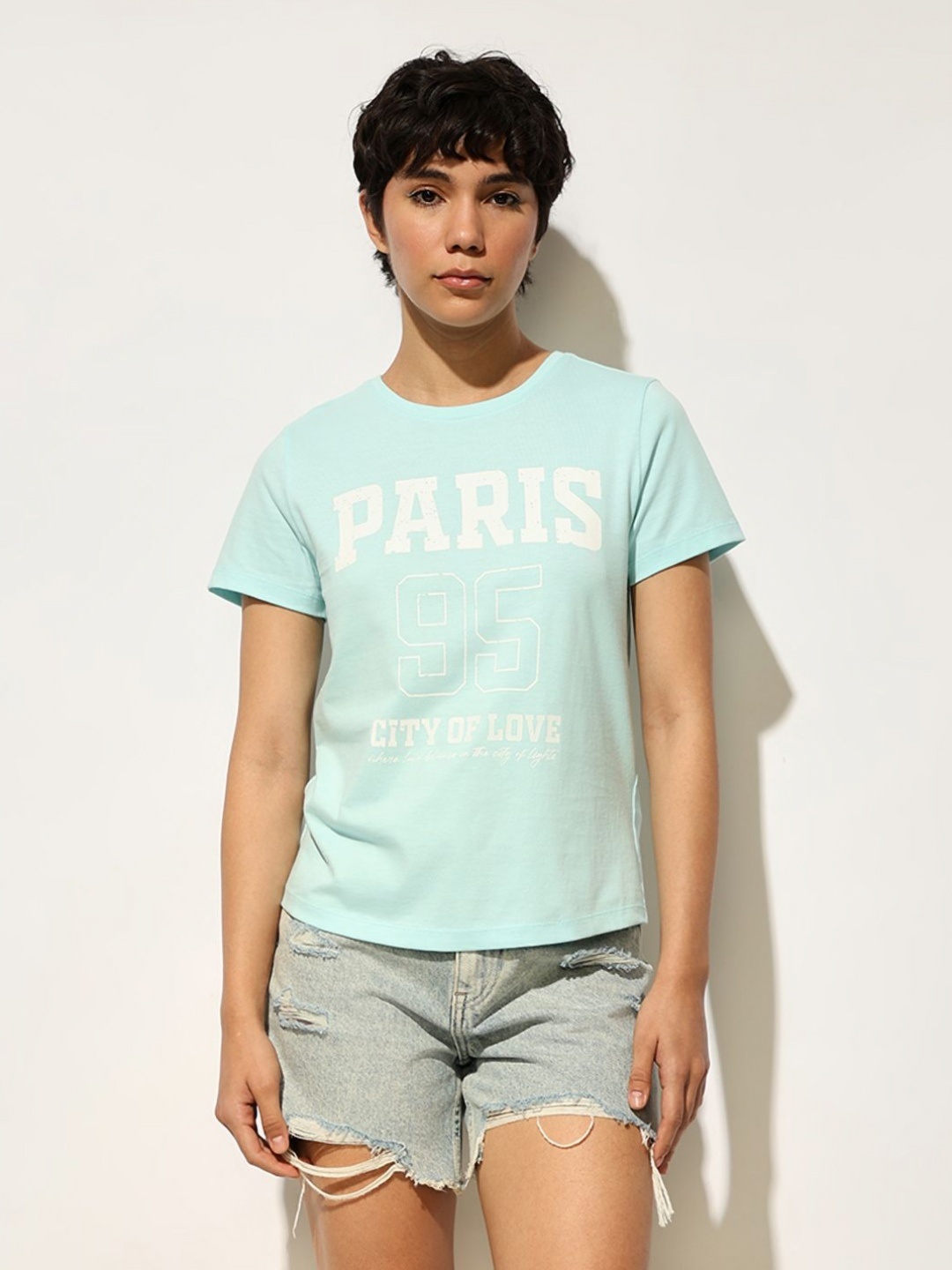 

ONLY Women Typography Printed Round Neck Cotton T-shirt, Blue