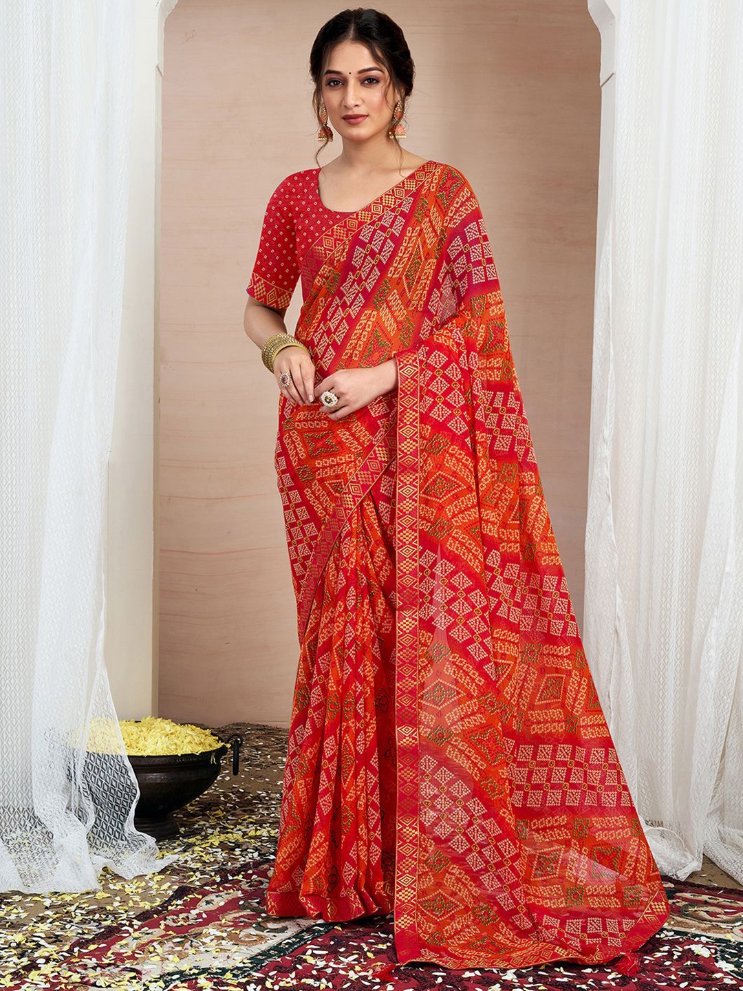 

KALINI Woven Design Zari Pure Chiffon Bandhani Saree, Orange