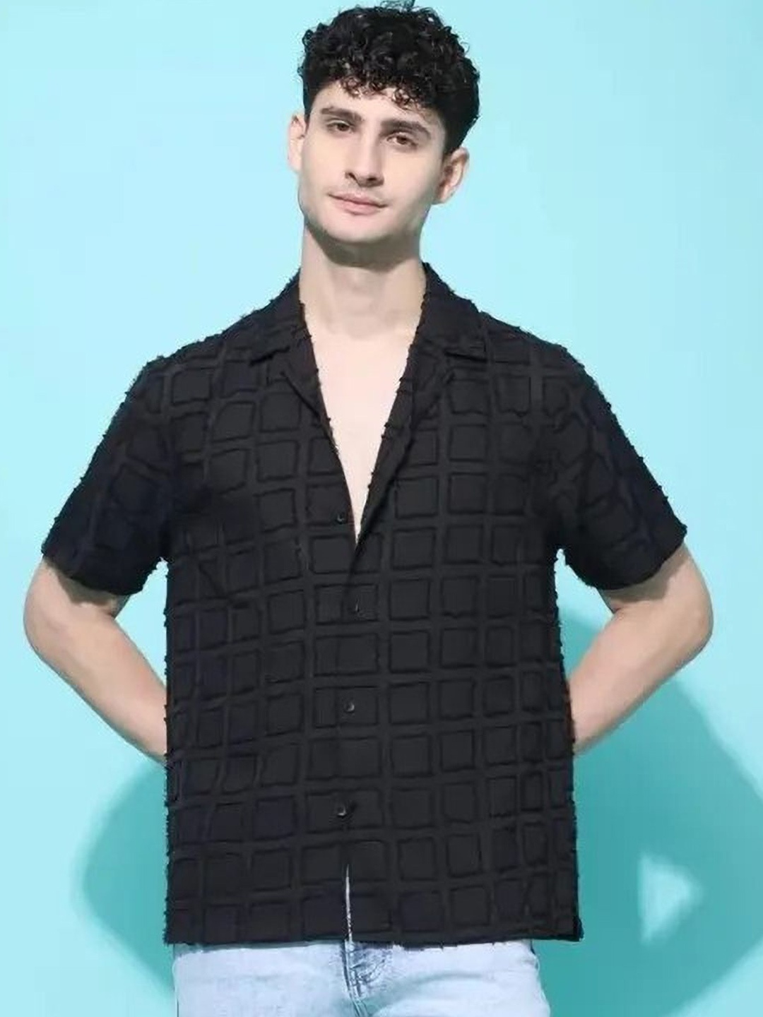 

iCome Men Slim Fit Cuban Collar Textured Casual Shirt, Black