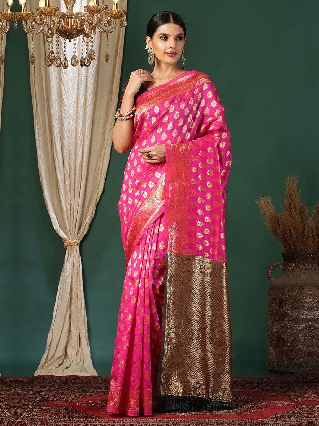 

KALINI Ethnic Motifs Woven Design Zari Banarasi Saree, Pink