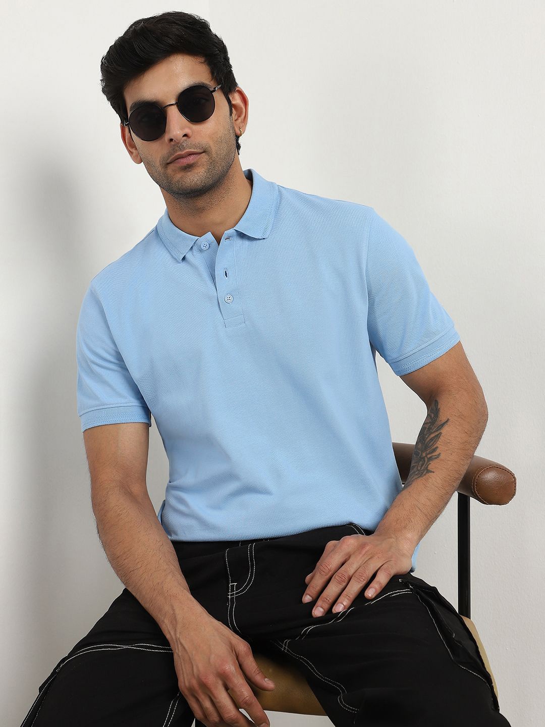 

NOBERO Men Solid Polo Collar Cotton T-shirt, Blue