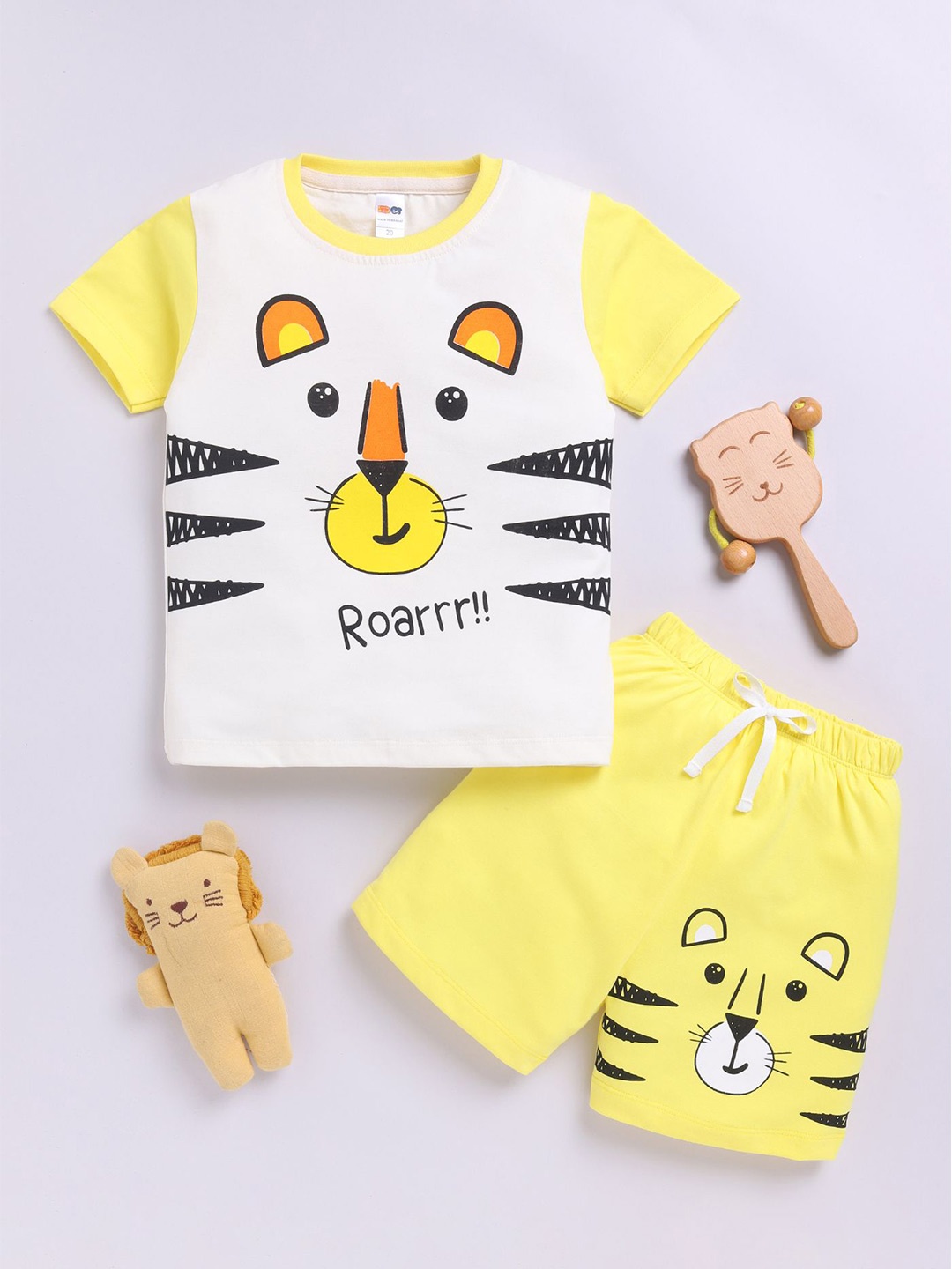 

LITTLE NINJA Boys Printed Round Neck Pure Cotton T-Shirt With Shorts, Yellow