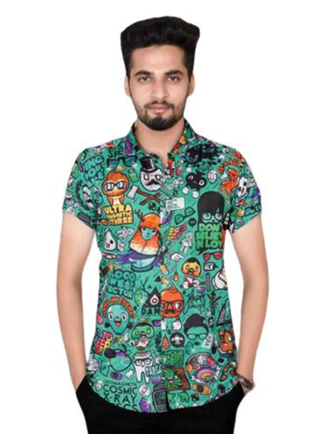 

iCome Men Spread Collar Graphic Printed Cotton Linen Casual Shirt, Green