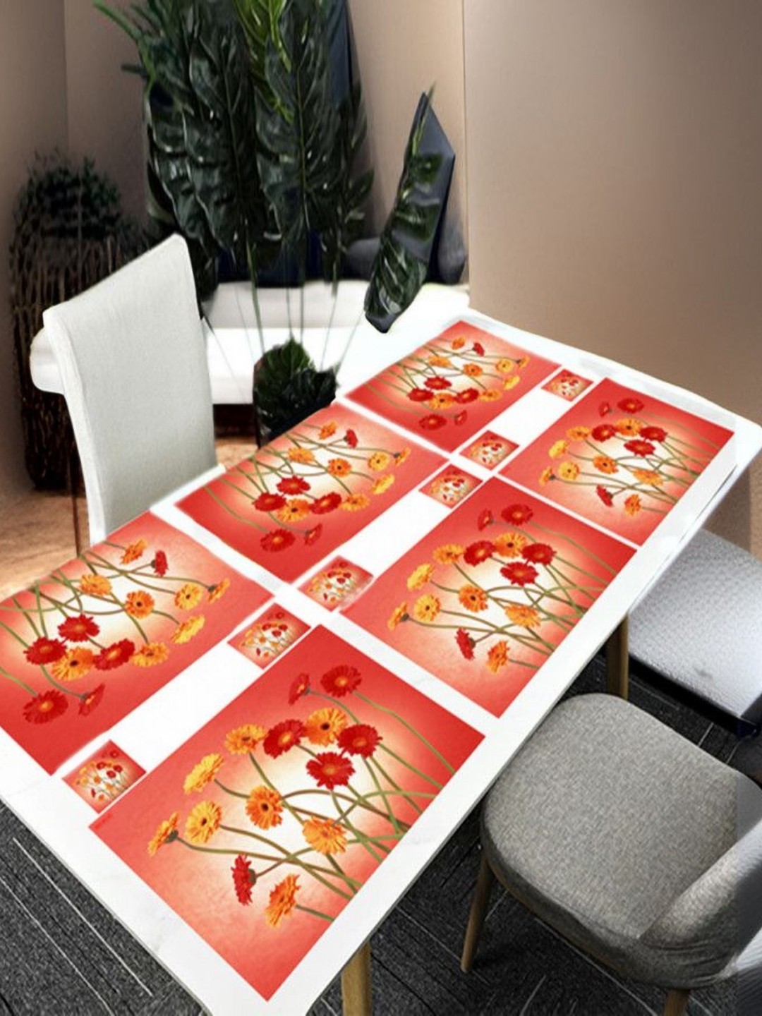 

REVEXO Orange & Red 6 Pieces Floral Printed Non Slip Table Placemats With Coasters