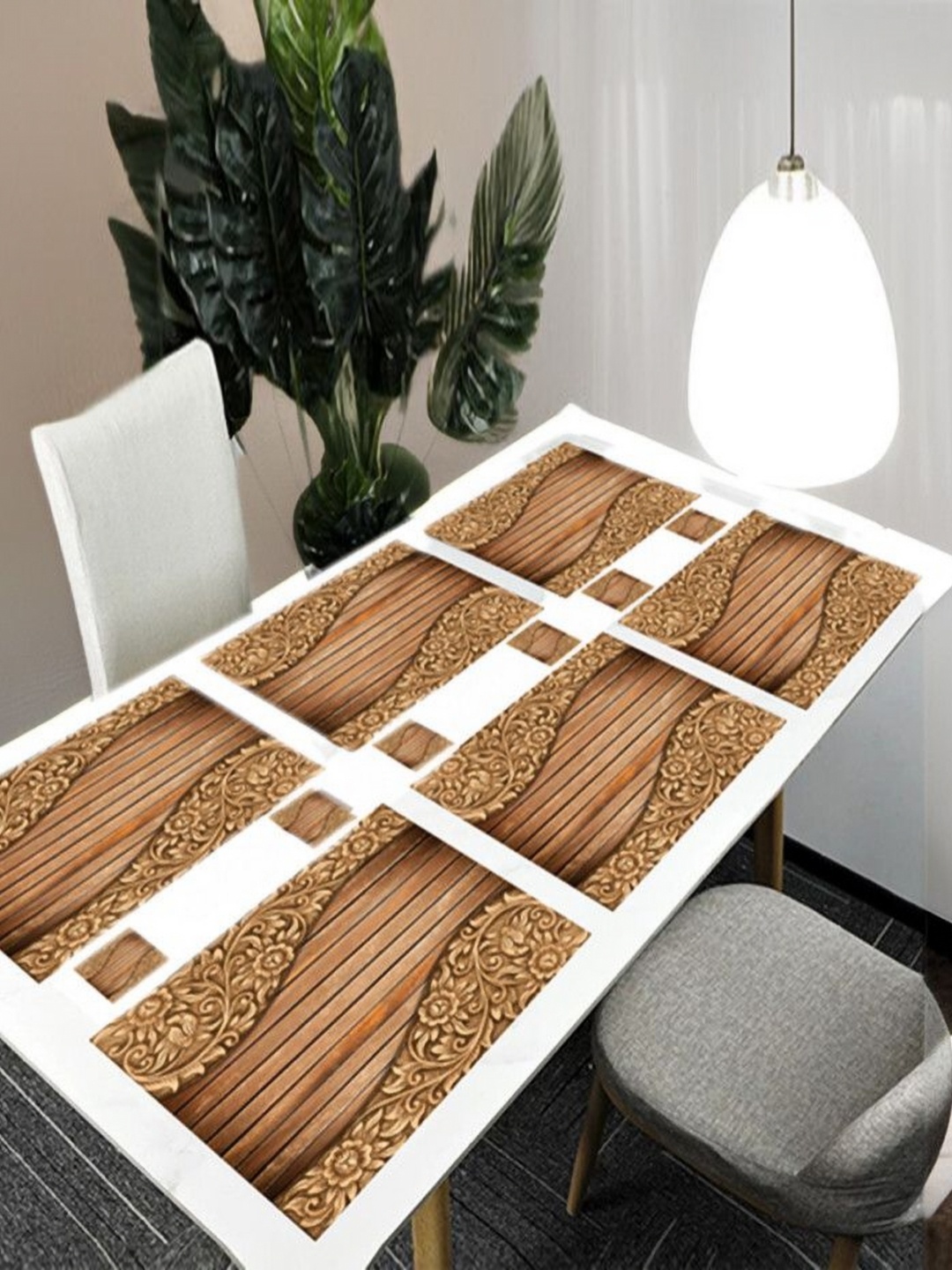 

REVEXO Brown 12 Pieces Floral Printed Rectangular Shaped Coasters & Table Placemats