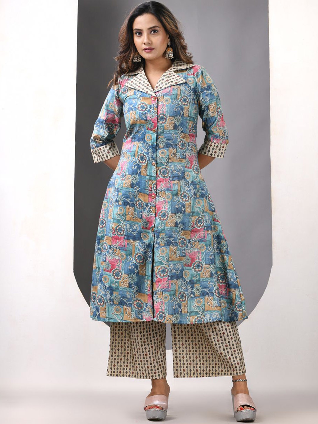 

Charukriti Floral Printed Lapel Collar Satin A-Line Kurta With Palazzos, Blue