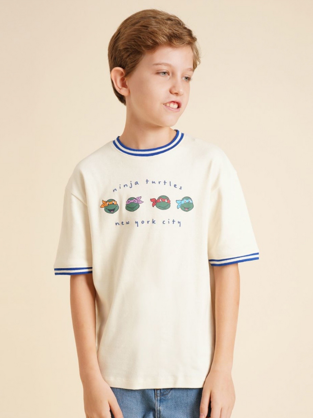 

Jack & Jones Junior Boys Graphic Printed Round Neck Cotton Oversized T-shirt, Cream