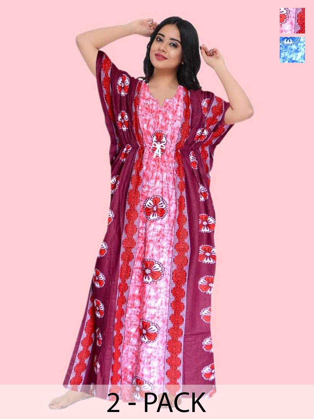 

PR PINK ROYAL Women Pack Of 2 Printed Maxi Kaftan Nightdress, Red