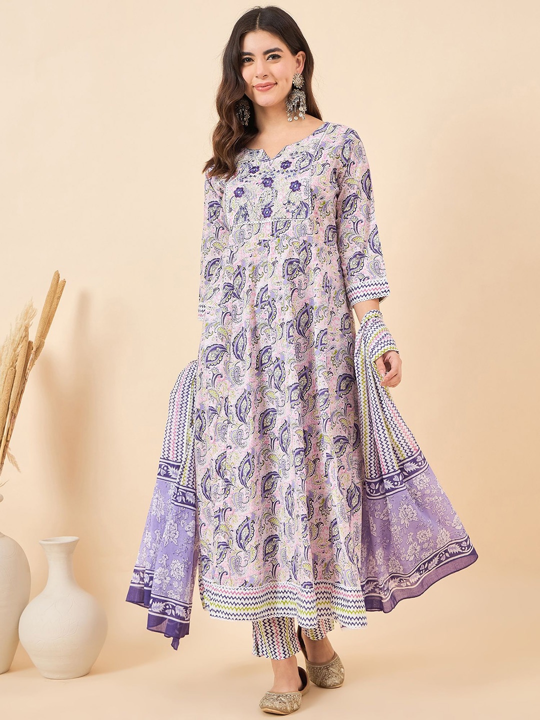 

Anouk Paisley Printed Notch Neck Thread Work Pure Cotton Kurta With Trousers & Dupatta, Purple
