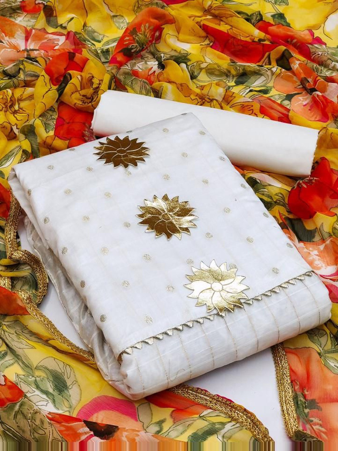 

KALINI Floral Woven Design Chanderi Cotton Unstitched Dress Material, White