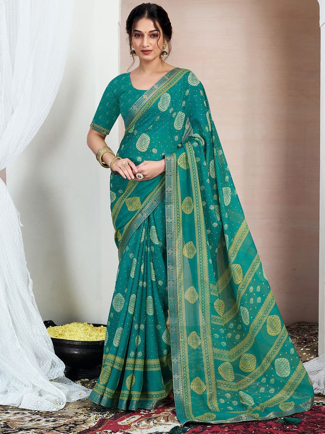 

KALINI Printed Pure Chiffon Saree, Green