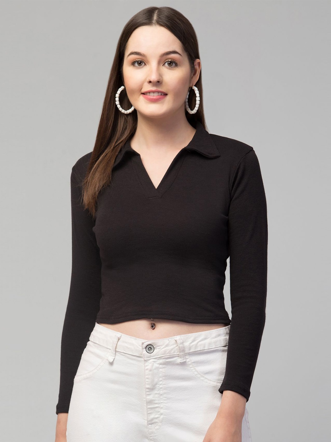 

Swaggish Women Solid Shirt Collar Fitted Crop Top, Black