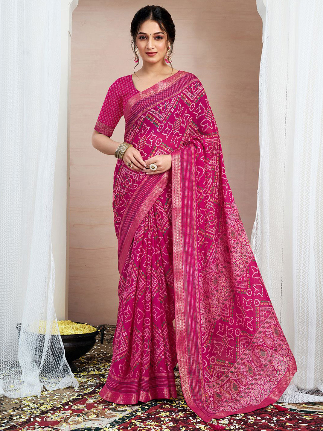 

KALINI Printed Zari Pure Chiffon Bandhani Saree, Pink