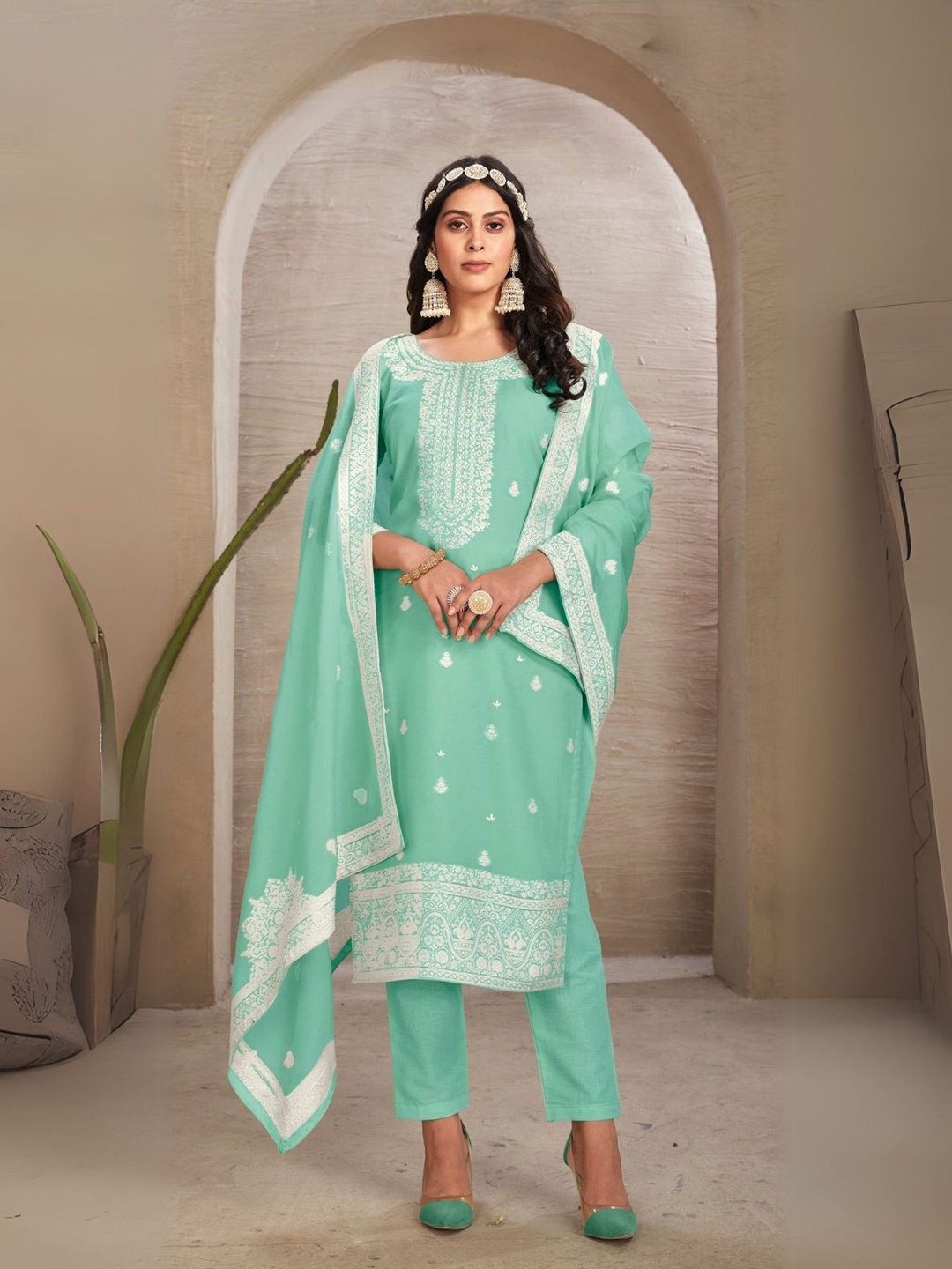 

Odette Green Organza Floral Embroidered Semi-Stitched Dress Material