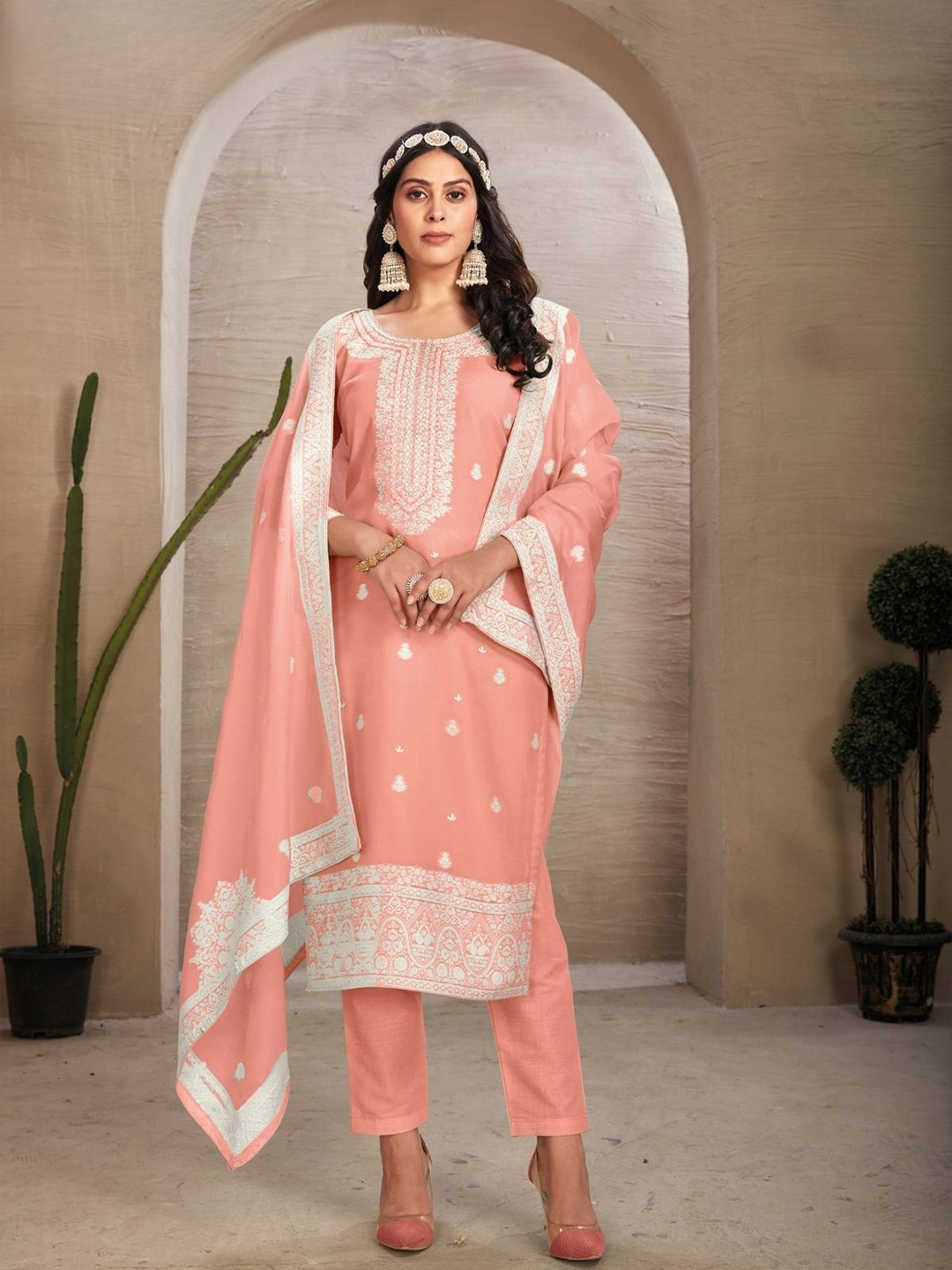 

ODETTE Floral Embroidered Organza Semi-Stitched Kurta Set, Peach