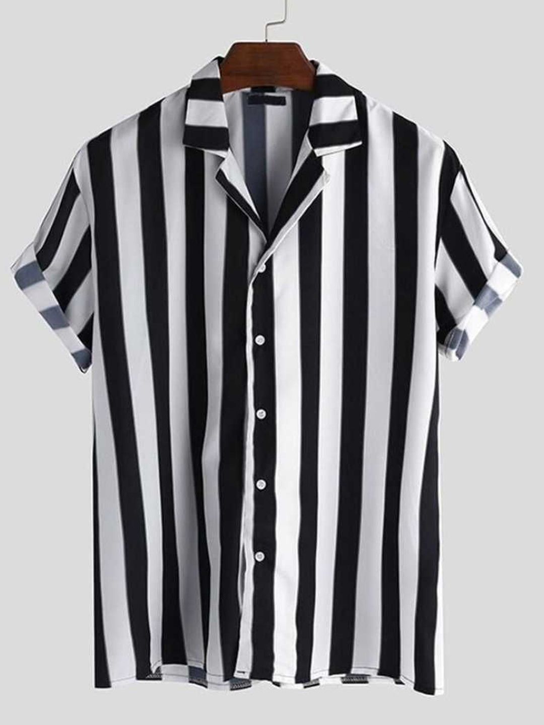 

iCome Men Spread Collar Vertical Striped Casual Shirt, White