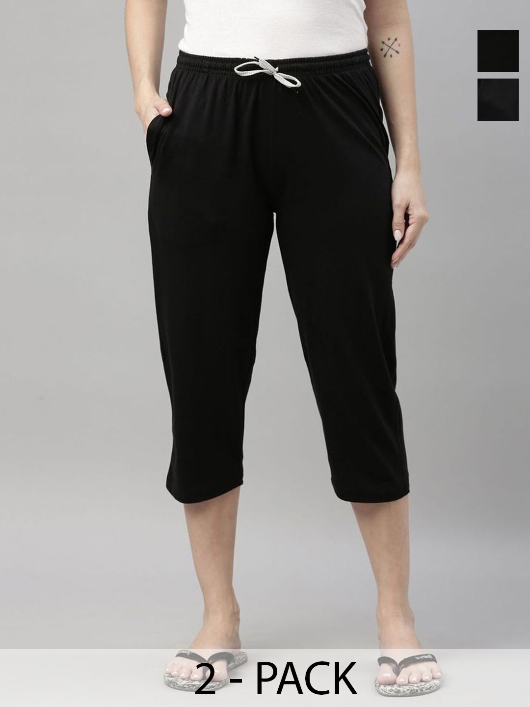 

Kryptic Women Pack of 2 Printed Cotton Capris, Black