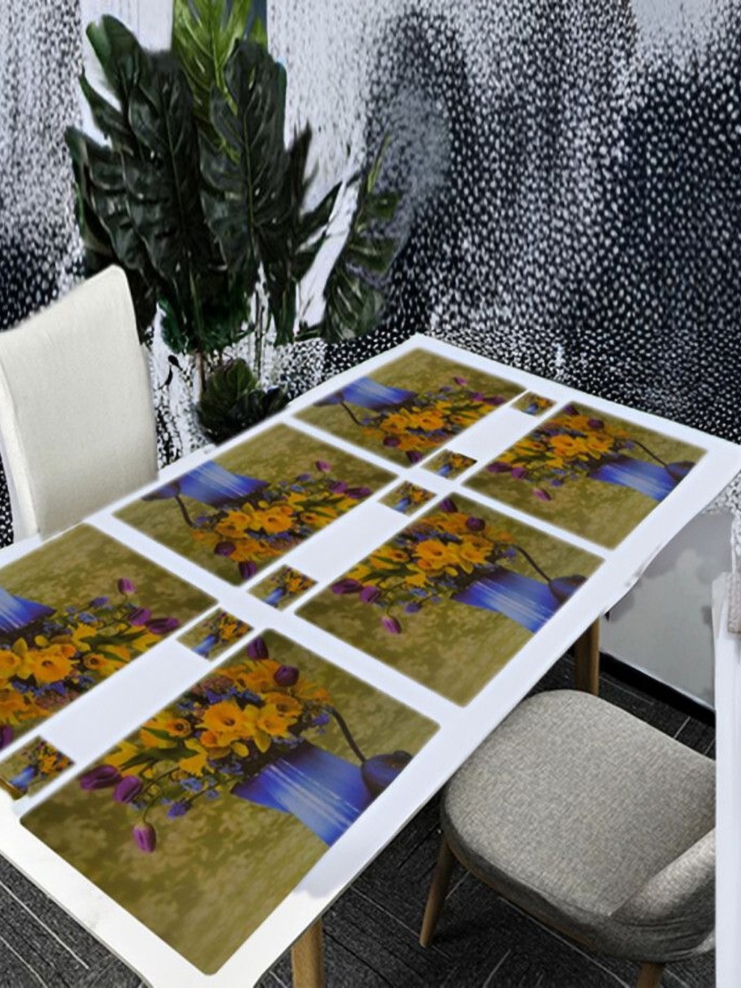 

REVEXO White & Green 12 Pieces Floral Printed Rectangle Table Placemats With Costers