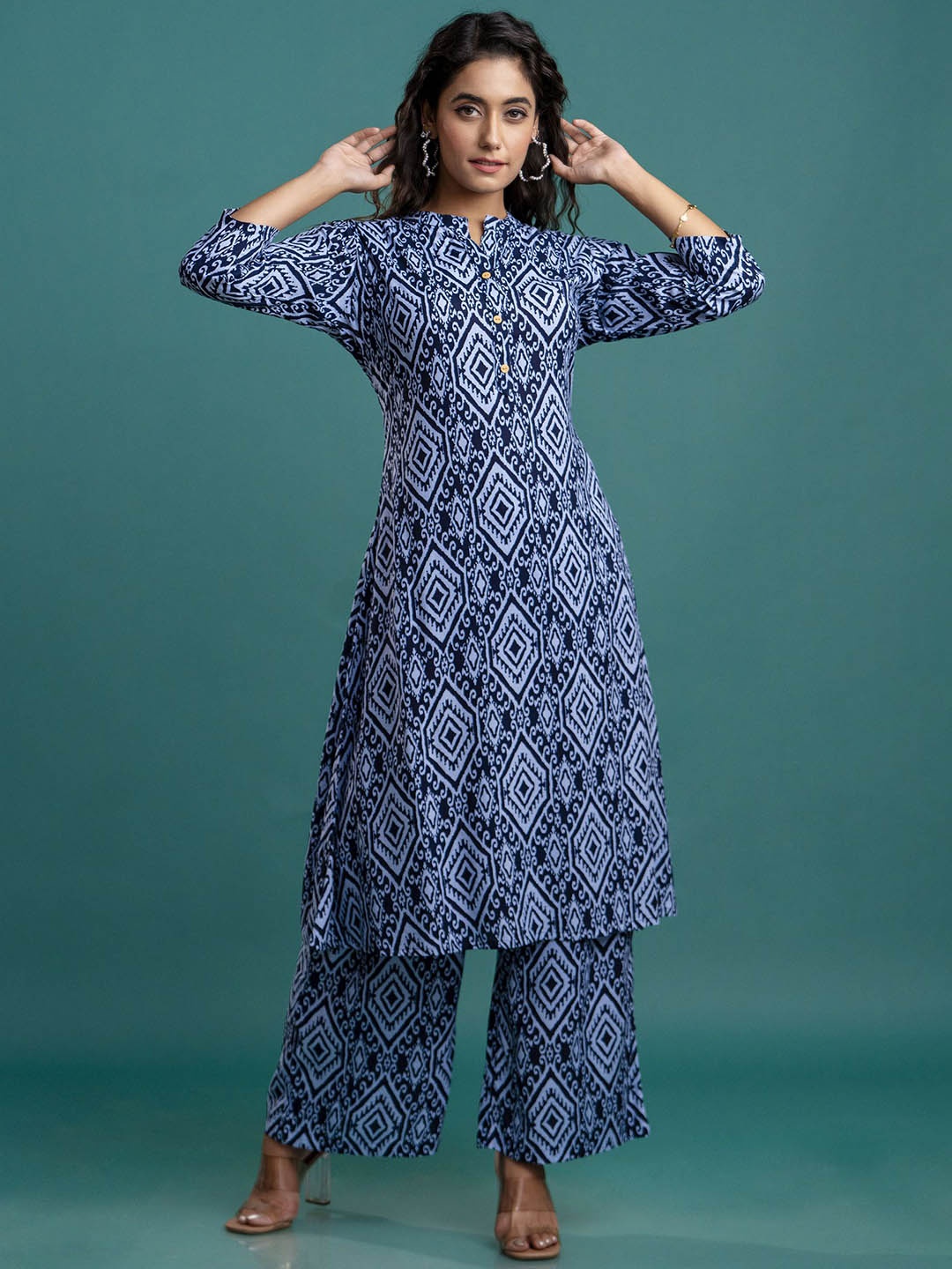 

Mokshi Printed Pure Cotton Mandarin Collar Tunic & Palazzo Co-Ord Set, Blue