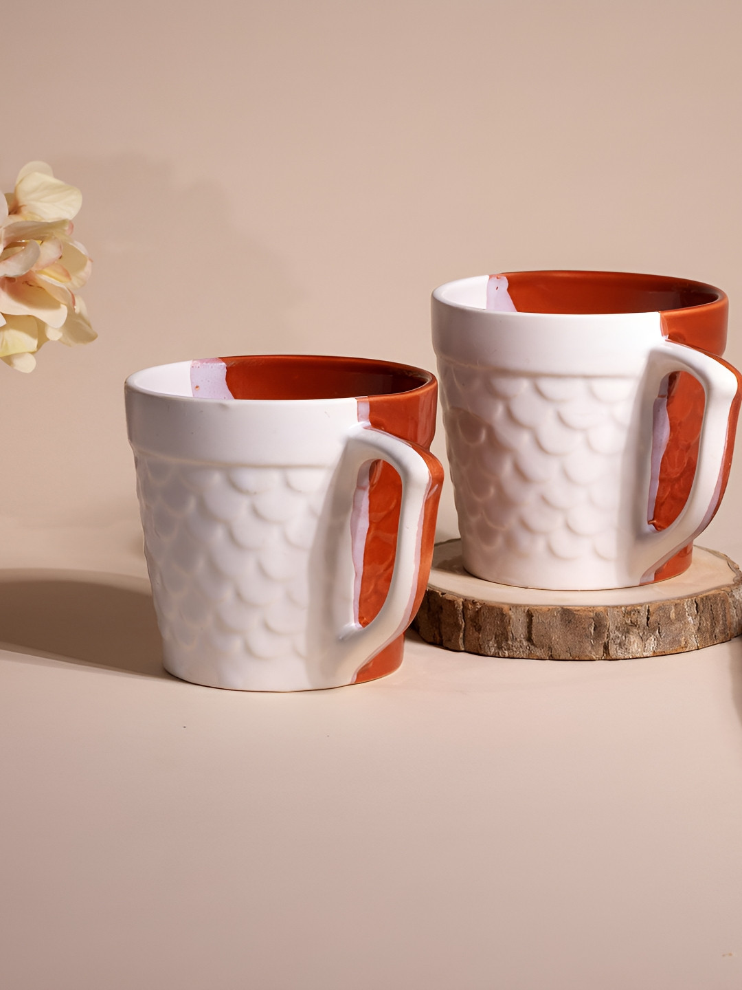 

Storepedia White & Red 2 Pieces Textured Glossy Ceramic Coffee Mugs 150 ml Each