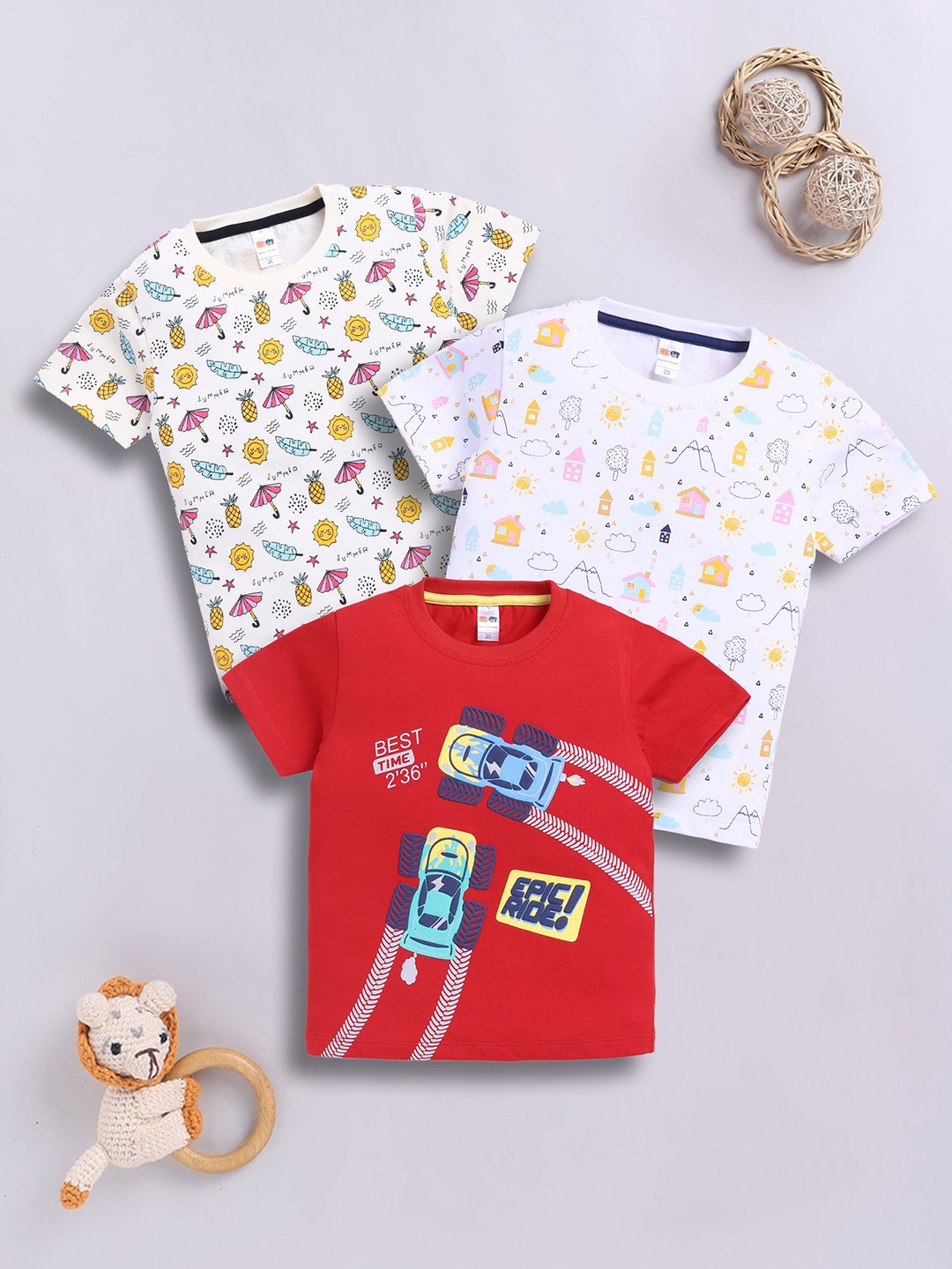 

LITTLE NINJA Boys Pack Of 3 Graphic Printed Round Neck Cotton T-shirts, White