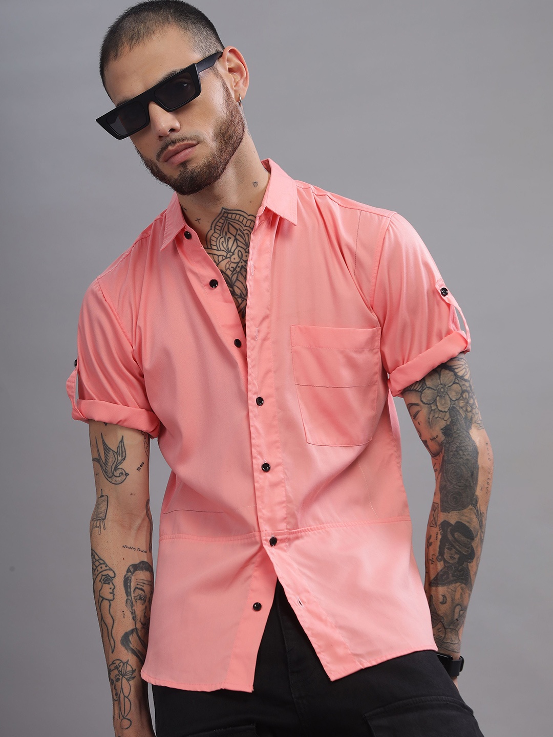 

iCome Men Spread Collar Solid Casual Shirt, Pink