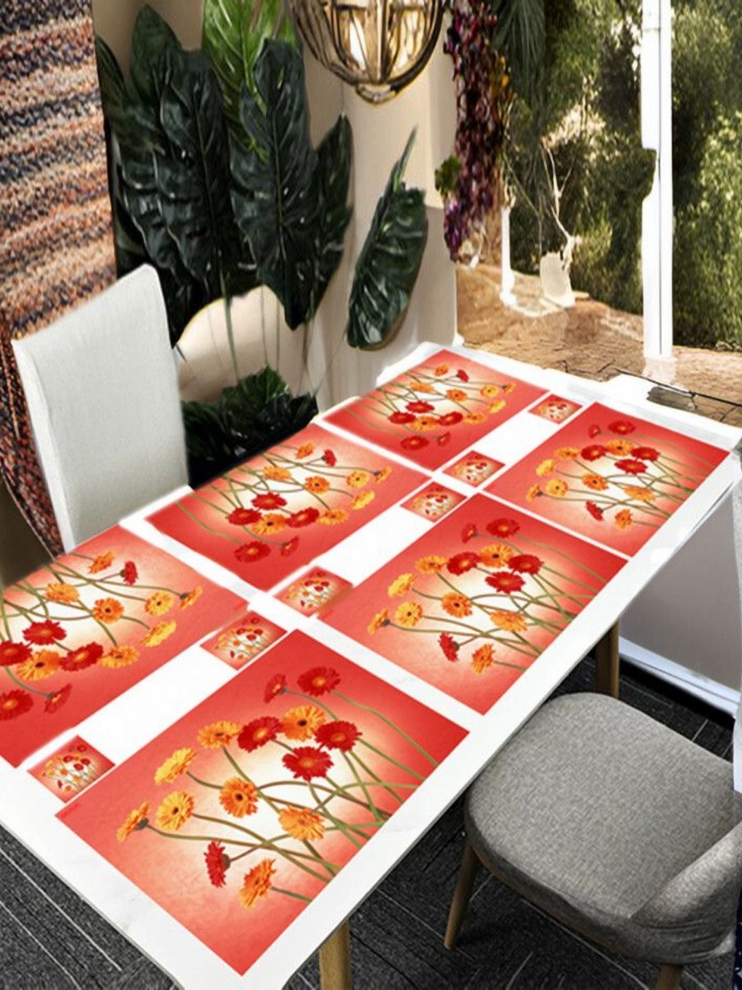 

REVEXO White & Red 12 Pieces Floral Printed Rectangle Table Placemats With Costers
