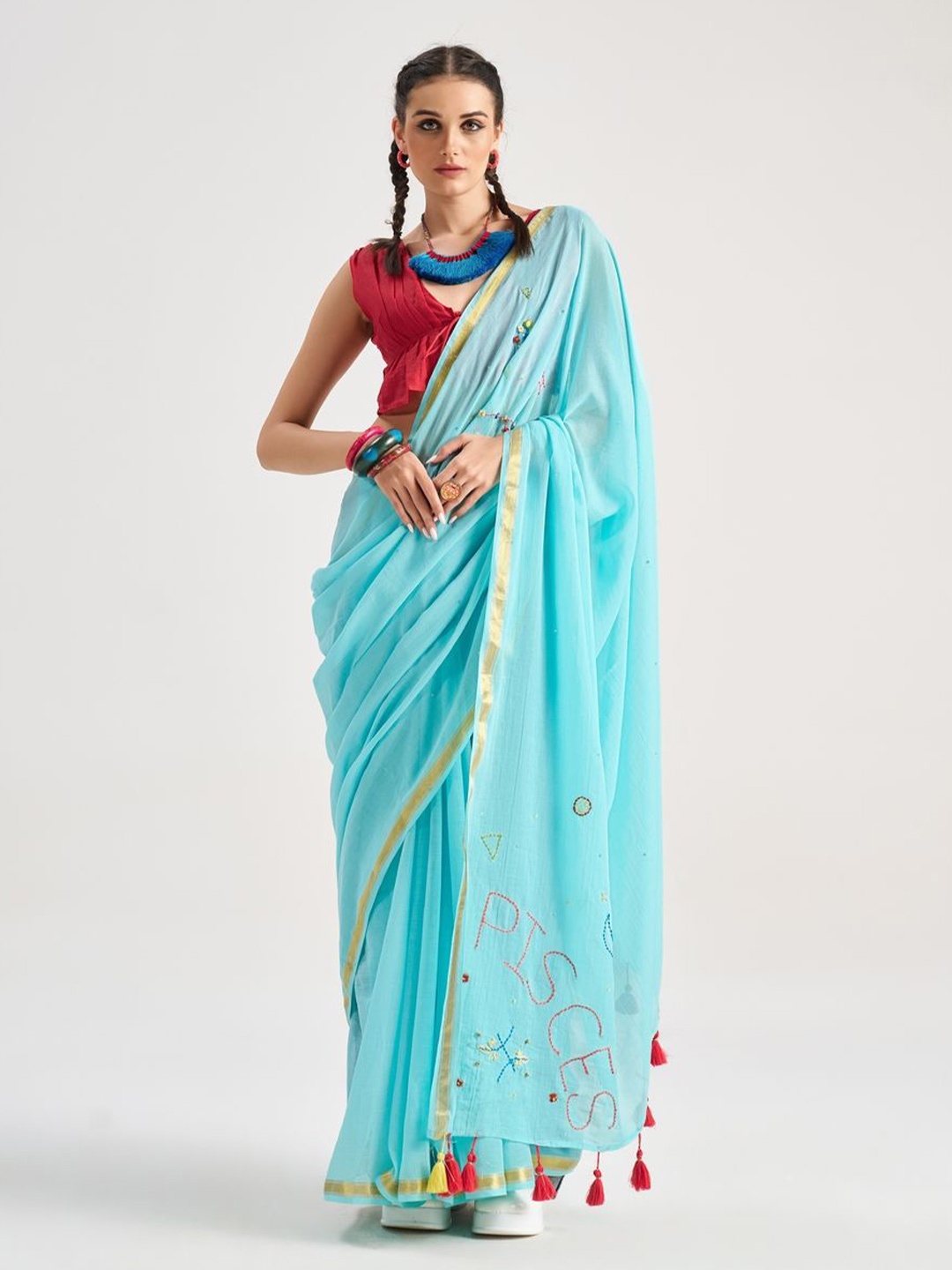 

Suha Floral Embroidered Zari Pure Cotton Saree, Blue