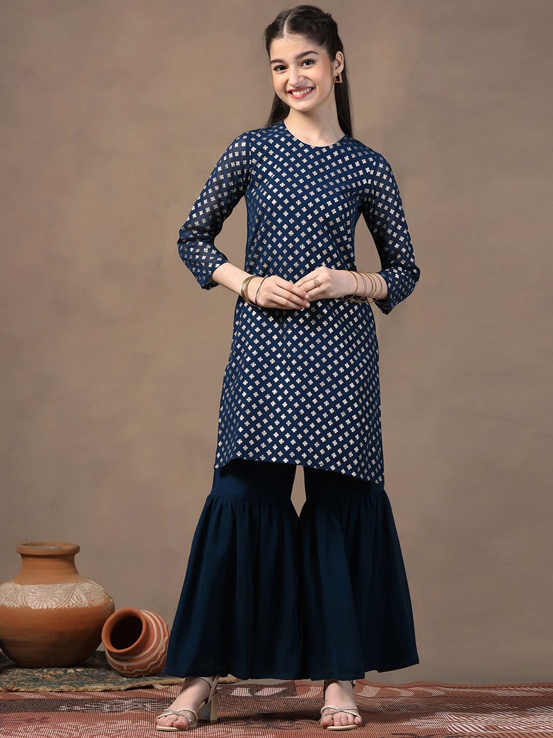 

Sangria Girls Teal Blue Foil Printed Round Neck Georgette Straight Kurta With Sharara