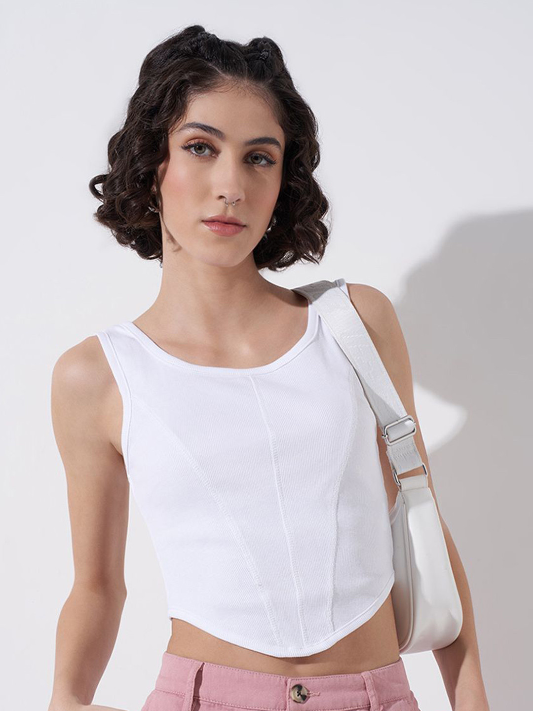 

SF JEANS by Pantaloons Women Ribbed Ribbed Scoop Neck Cotton Top, White