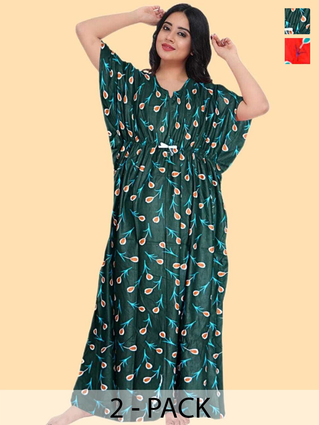 

PR PINK ROYAL Women Pack of 2 Printed Pure Cotton Maxi Nightdress, Red