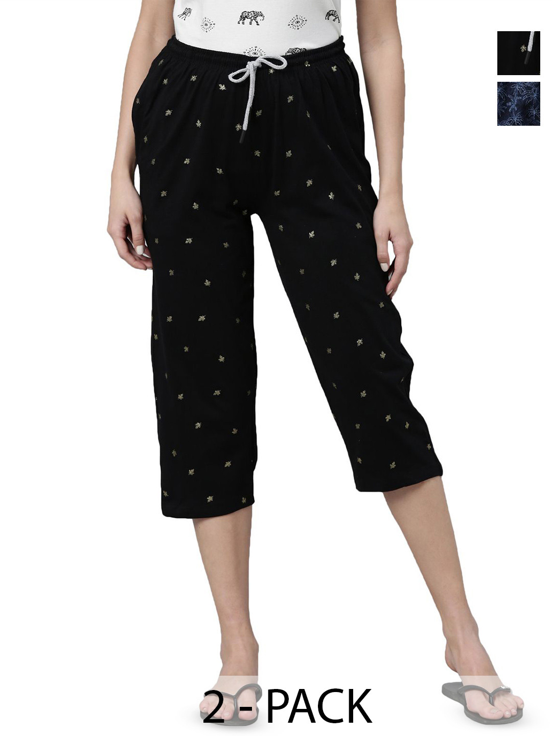 

Kryptic Women Pack of 2 Cotton Printed Capris, Black