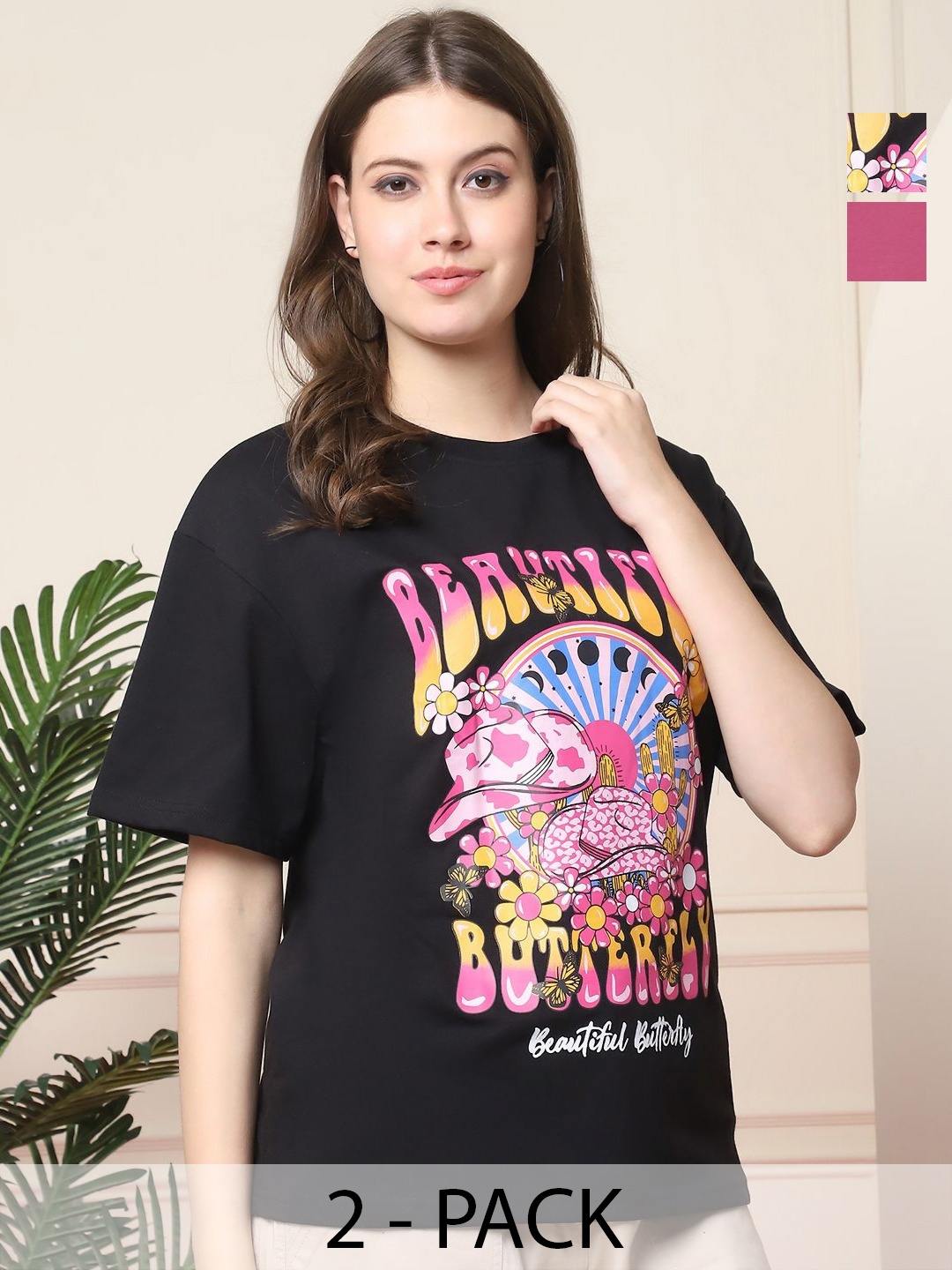 

Dreambe Women Pack of 2 Graphic Printed Round Neck Cotton Relaxed Fit T-shirts, Black