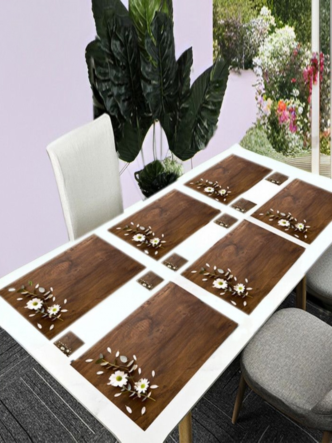 

REVEXO Brown & White 12 Pcs Floral Printed Rectangular Shaped Coasters & Table Placemats