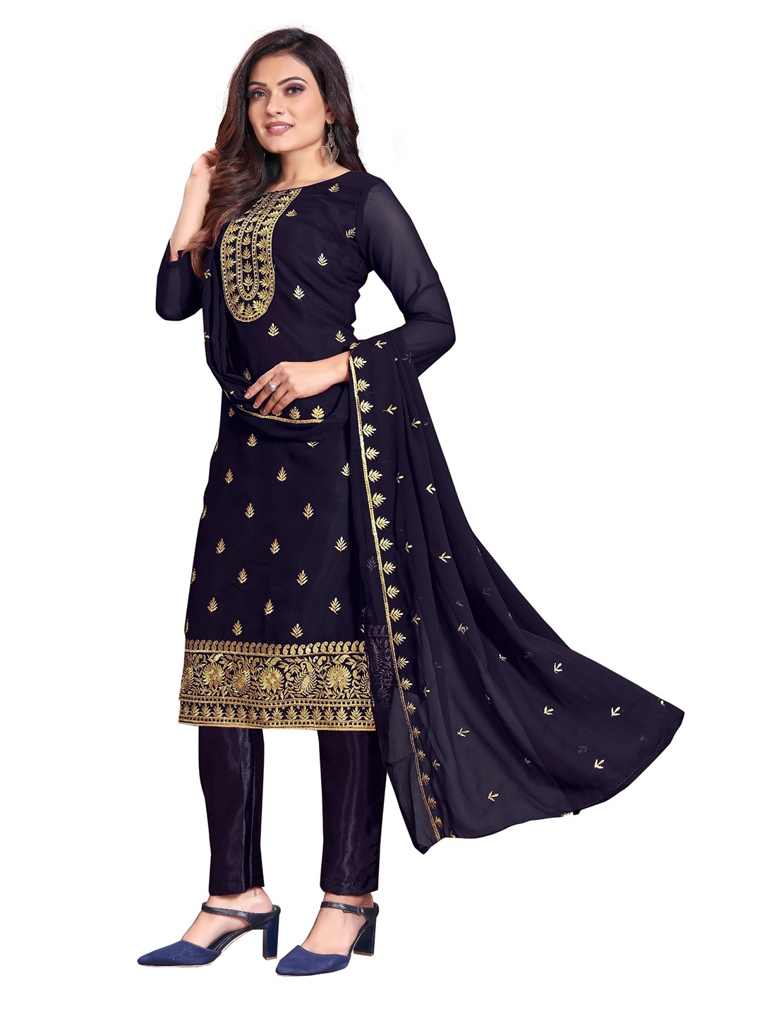 

Aika Floral Embroidered Unstitched Dress Material, Black
