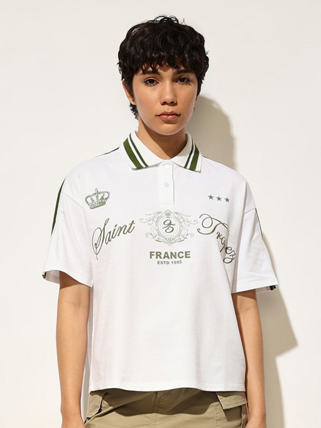 

ONLY Women Varsity Printed Polo Collar Cotton T-shirt, White