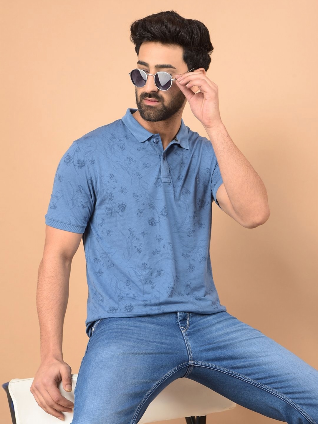 

Crimsoune Club Men Floral Printed Polo Collar Cotton Slim Fit T-shirt, Blue