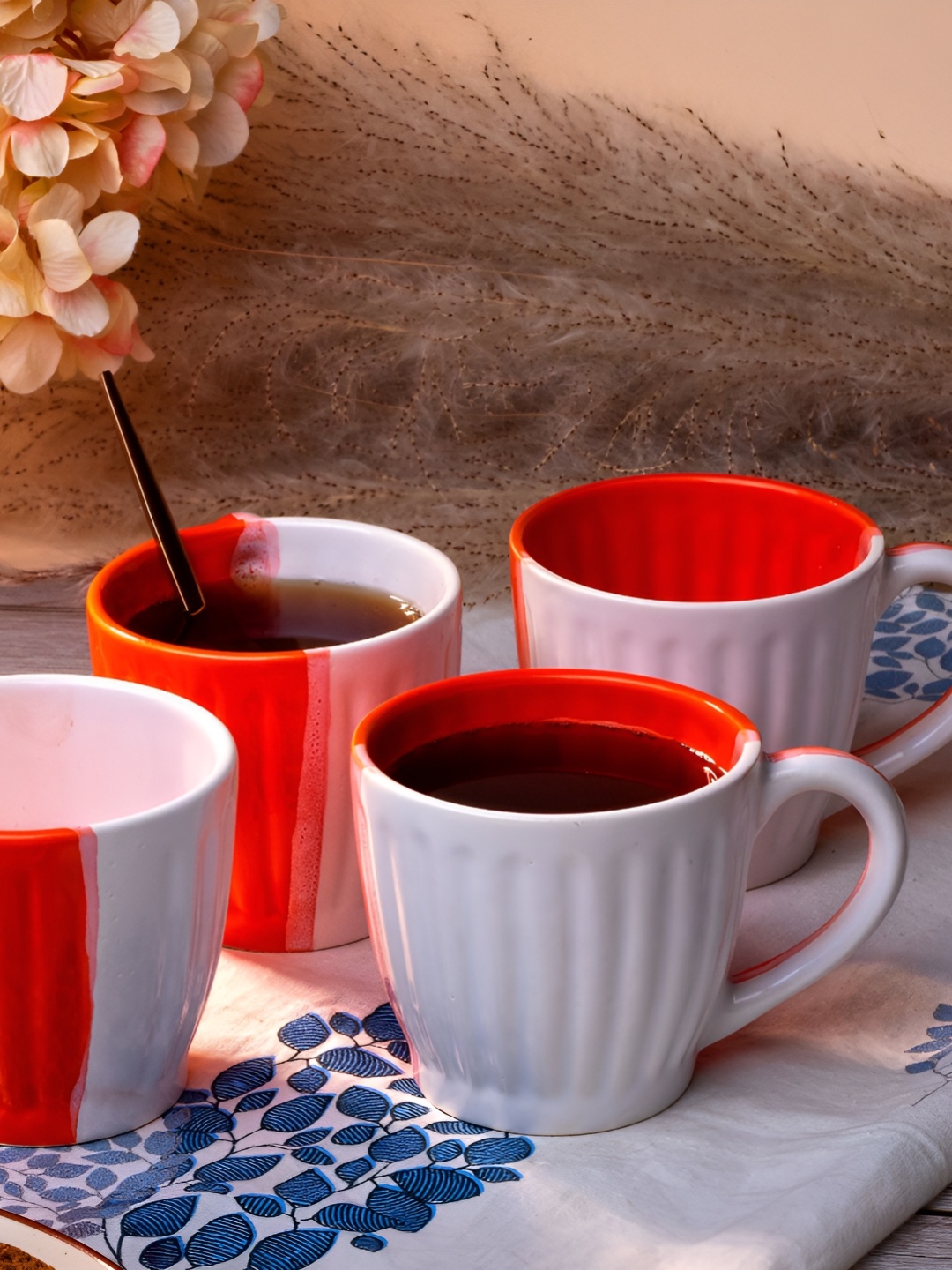 

Storepedia Red & White 4 Pieces Textured Microwave Safe Glossy Ceramic Coffee Mugs 150 ml