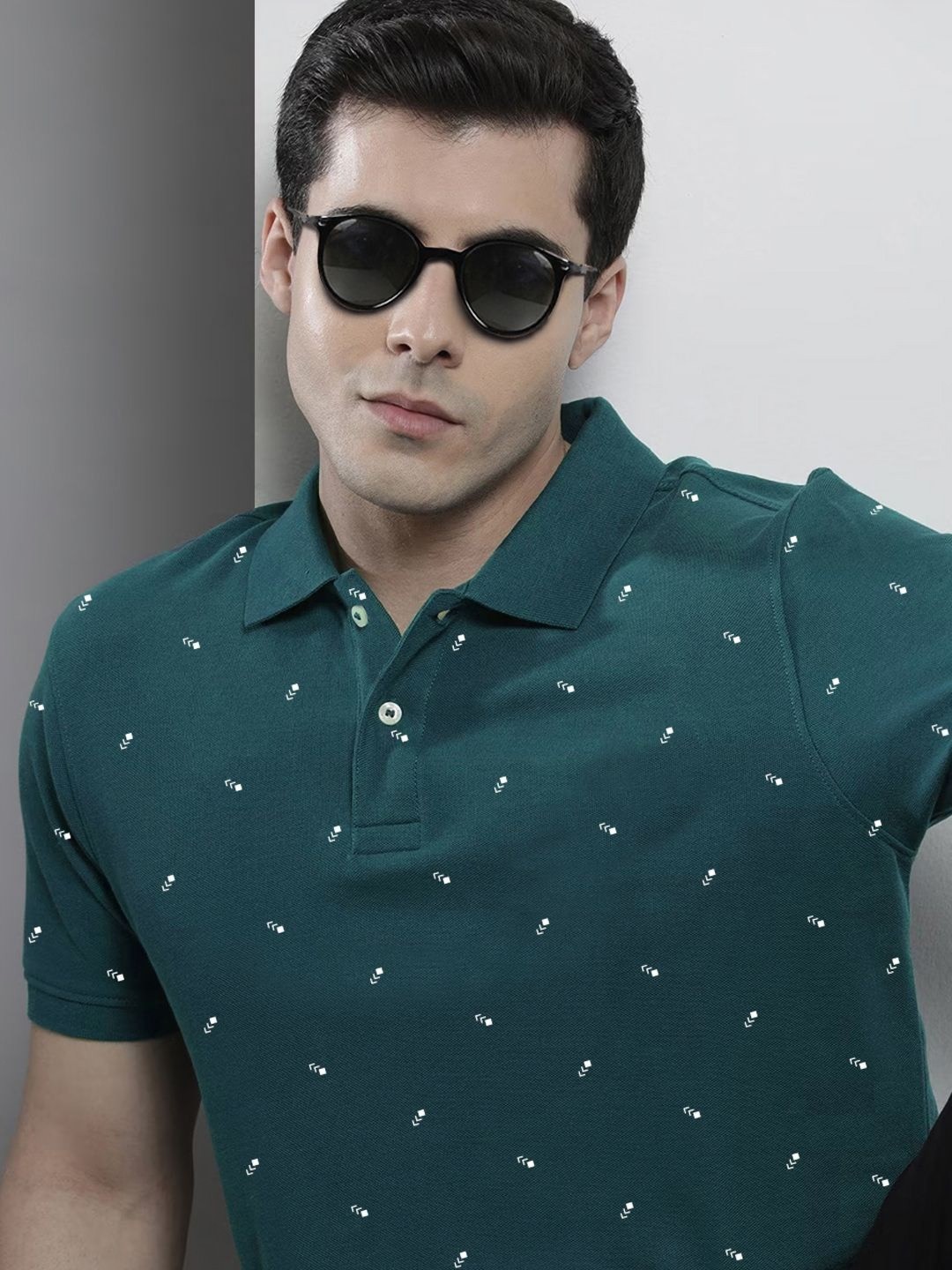 

MERRIMENT Men Geometric Printed Polo Collar Cotton T-shirt, Teal