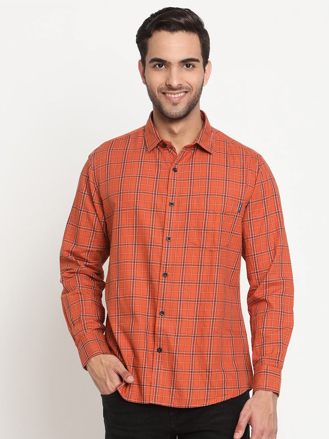 

Cantabil Men Comfort Fit Spread Collar Checked Cotton Casual Shirt, Orange