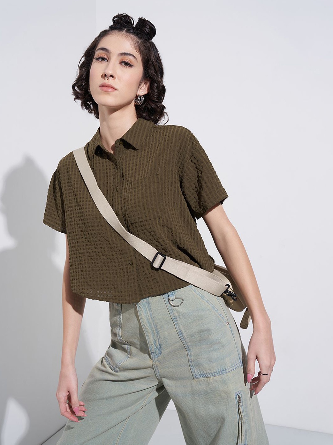 

SF JEANS by Pantaloons Women Shirt Style Crop Top, Olive