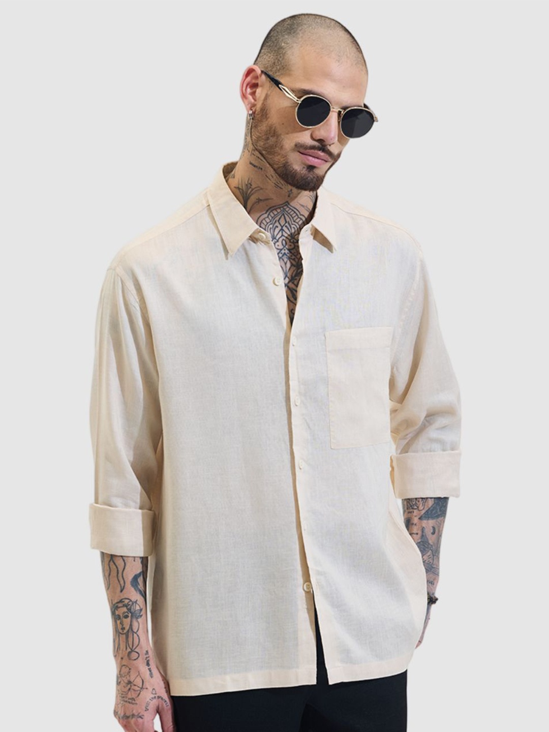 

Snitch Men Relaxed Fit Spread Collar Solid Linen Casual Shirt, Cream