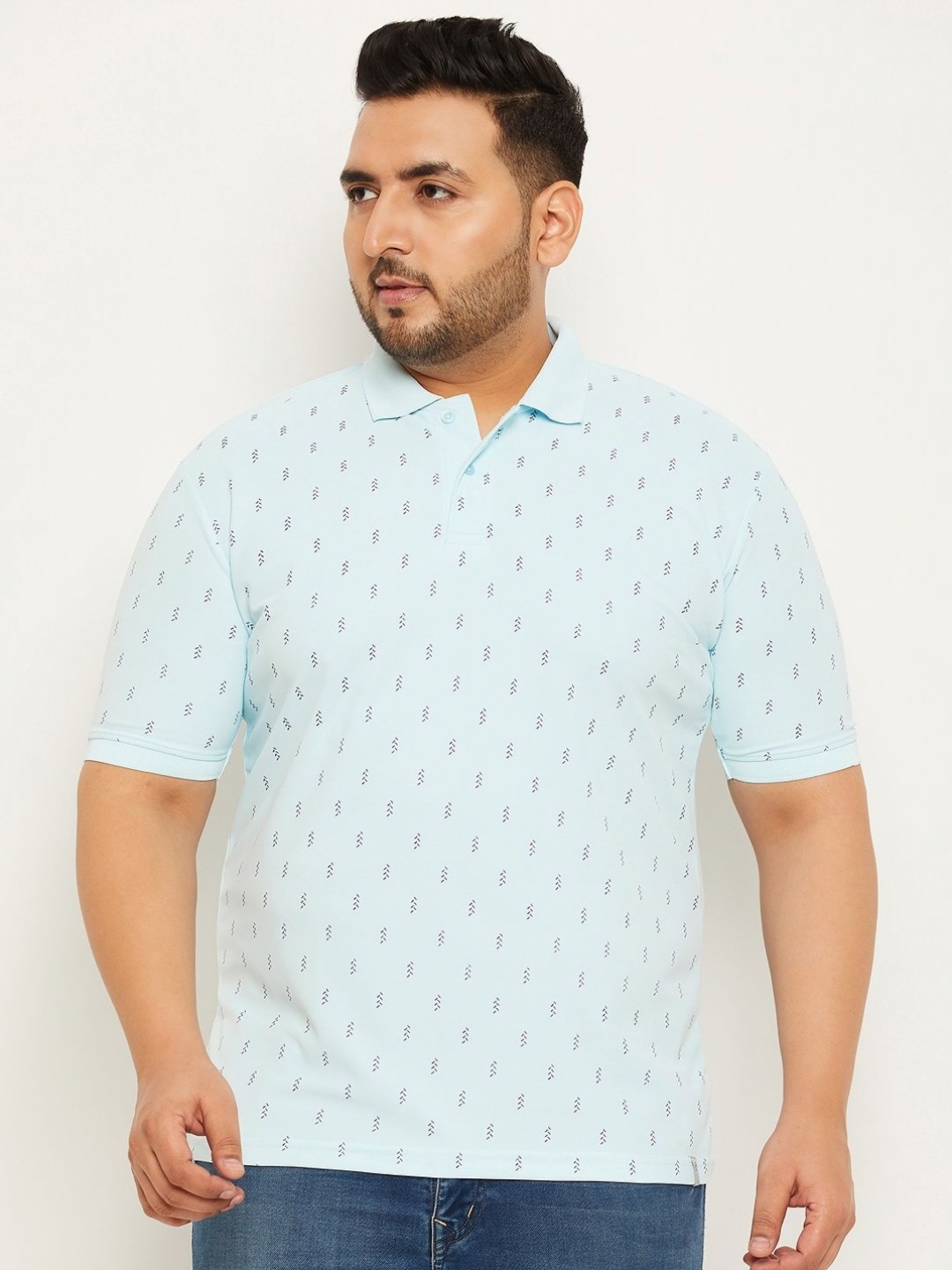 

RENUOVO Men Plus Size Geometric Printed Polo Collar Cotton T-shirt, Turquoise blue